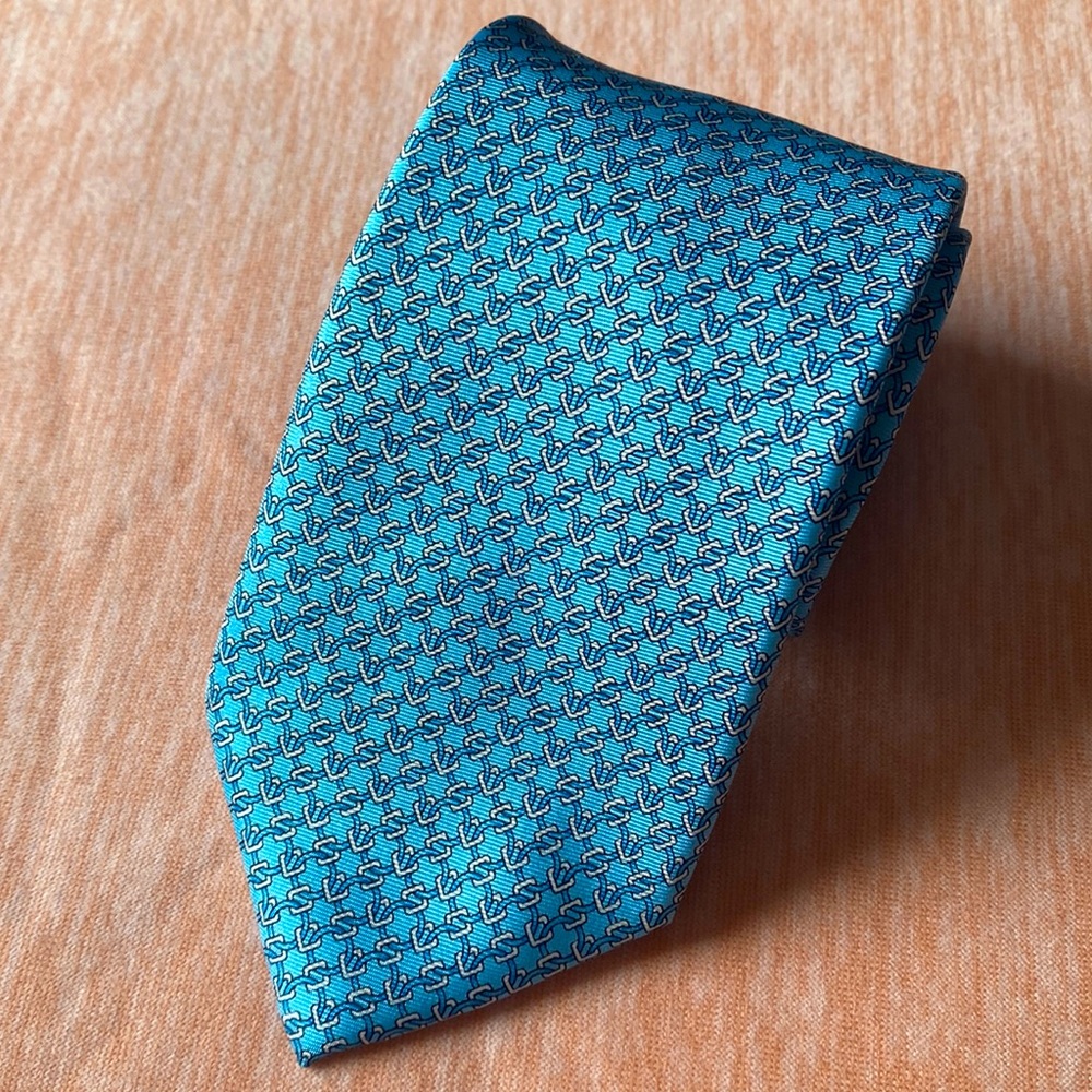 Pierre Cardin - Chainlink geometric sky blue and grey tie 100% silk